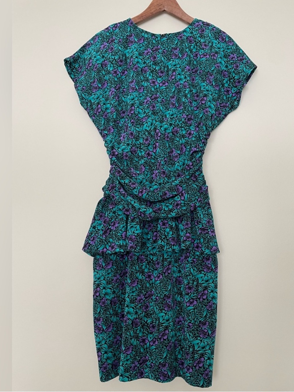 Vintage 80s Union Made Peplum Dress Teal Purple Floral Made in Canada Pantel - Picture 3 of 14